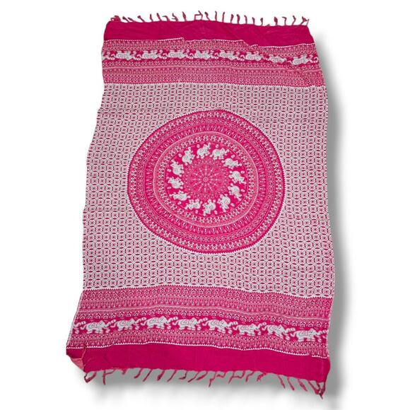 Unisex Pink Elephant Print Fringed Sarong Wrap – 100% Rayon, 64"x40" gently used - Picture 1 of 7